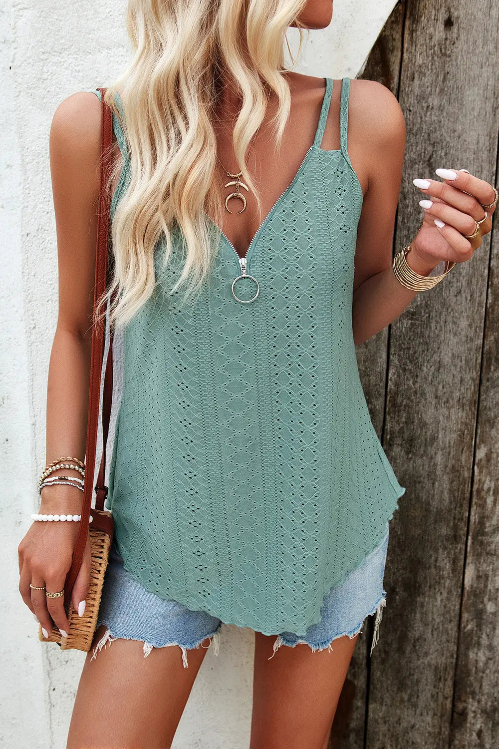 Eyelet V-Neck Double Strap Cami - Be Bliss Boutique