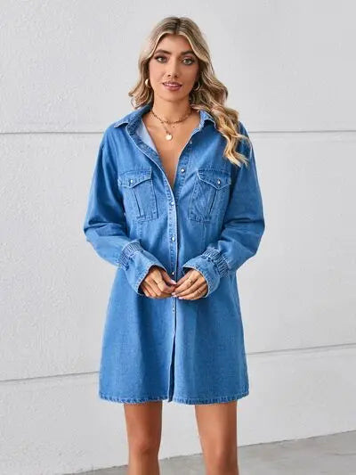 Pocketed Dropped Shoulder Mini Denim Dress - Be Bliss Boutique