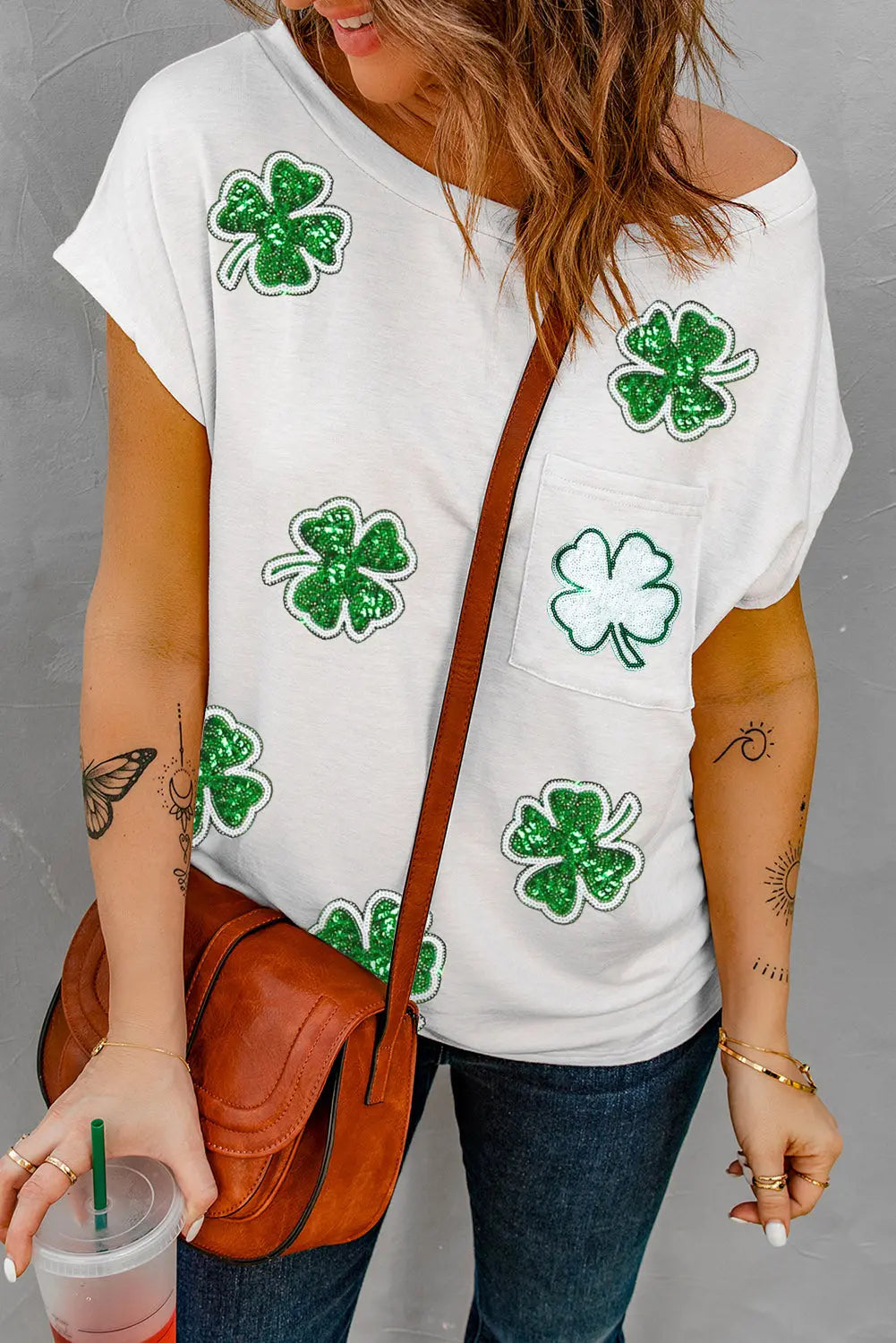 Sequin Lucky Clover Boat Neck T Shirt - Be Bliss Boutique