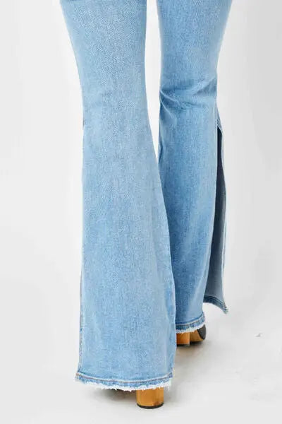 Full Size/Plus Size Mid Rise Raw Hem Slit Flare Judy Blue Jeans - Be Bliss Boutique