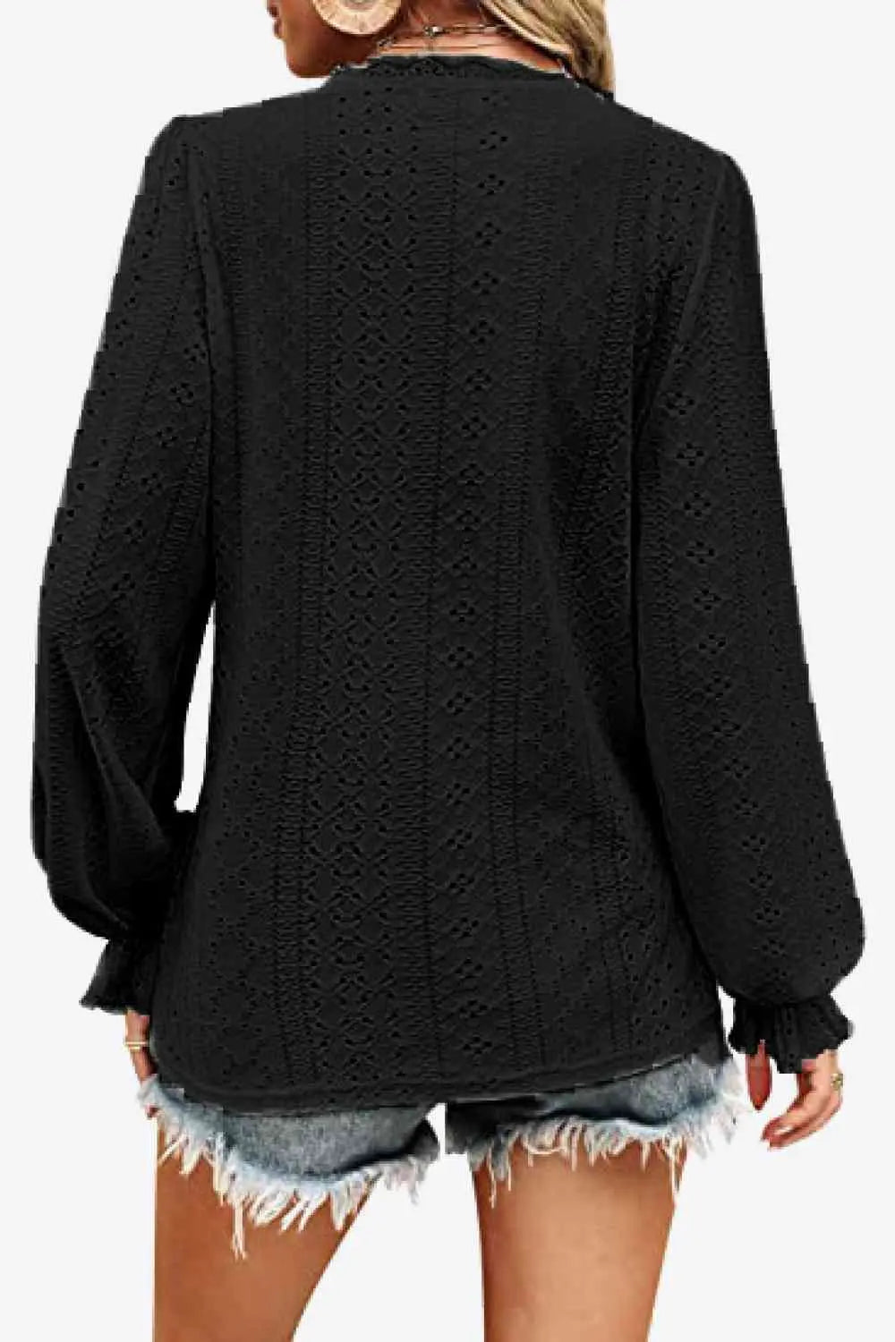 Eyelet V-Neck Flounce Sleeve Blouse - Be Bliss Boutique