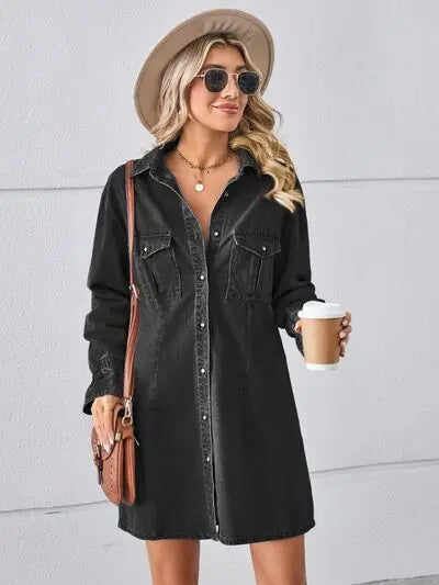 Pocketed Dropped Shoulder Mini Denim Dress - Be Bliss Boutique