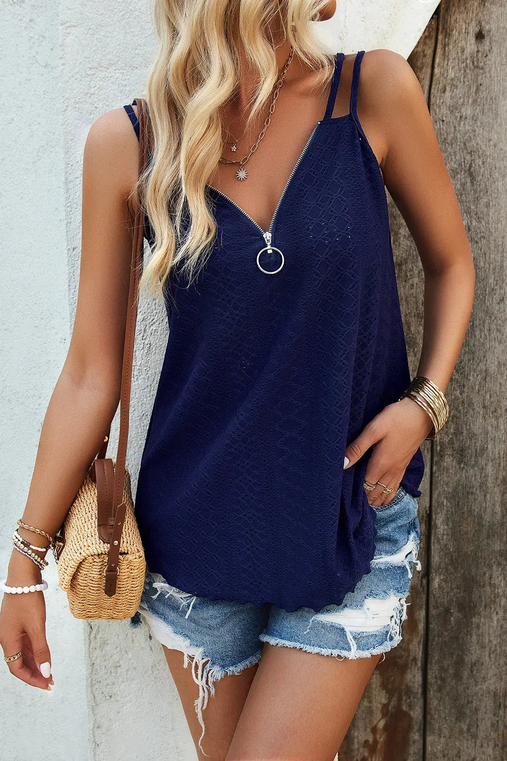 Eyelet V-Neck Double Strap Cami - Be Bliss Boutique