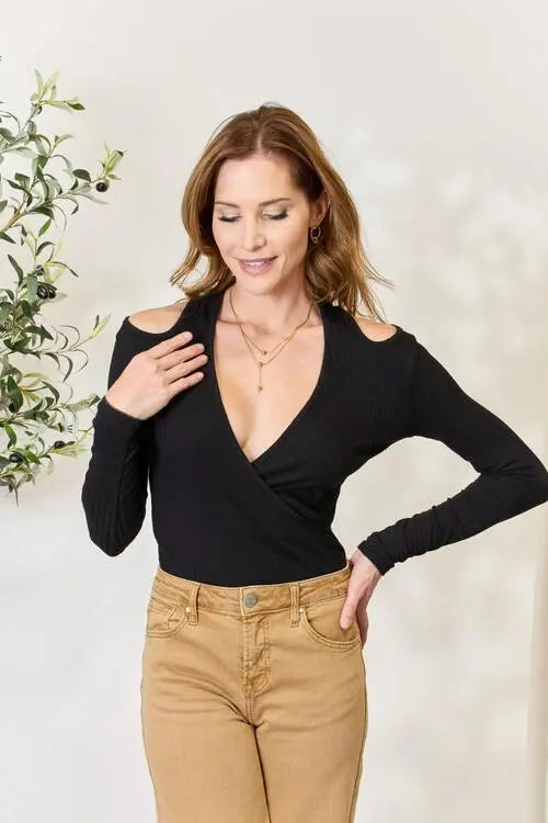 Culture Code Full Size Ribbed Surplice Cold Shoulder Top - Be Bliss Boutique