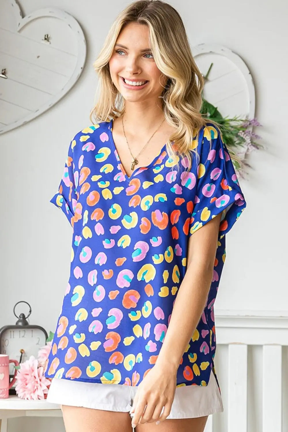 First Love Printed V-Neck Short Sleeve Blouse - Be Bliss Boutique