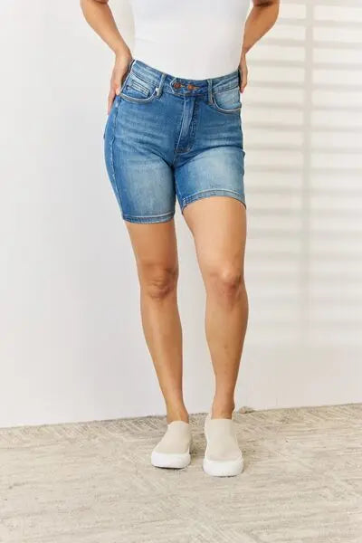 Judy Blue Full Size Tummy Control Double Button Bermuda Denim Shorts - Be Bliss Boutique