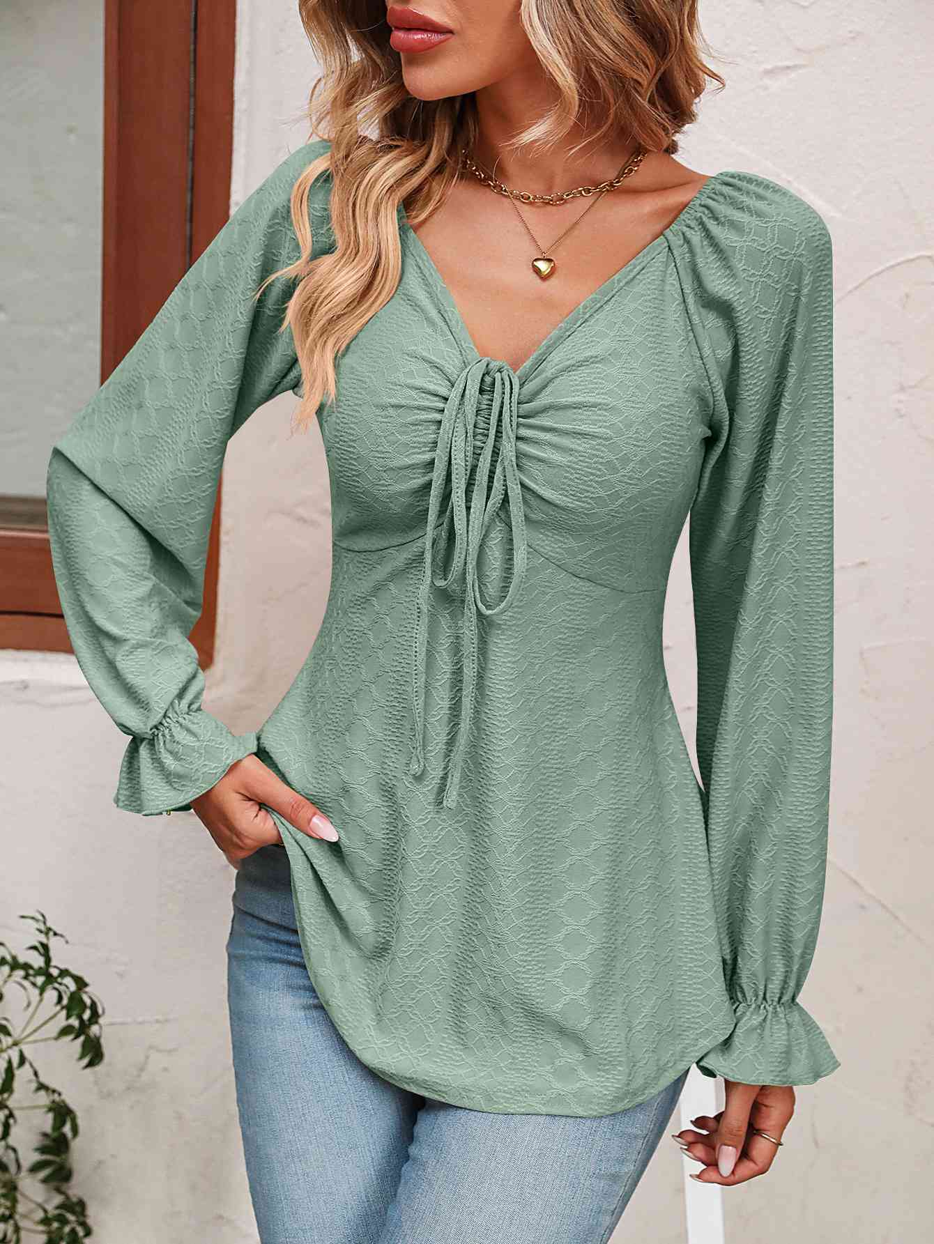 Tie Front V-Neck Puff Sleeve Blouse - Be Bliss Boutique