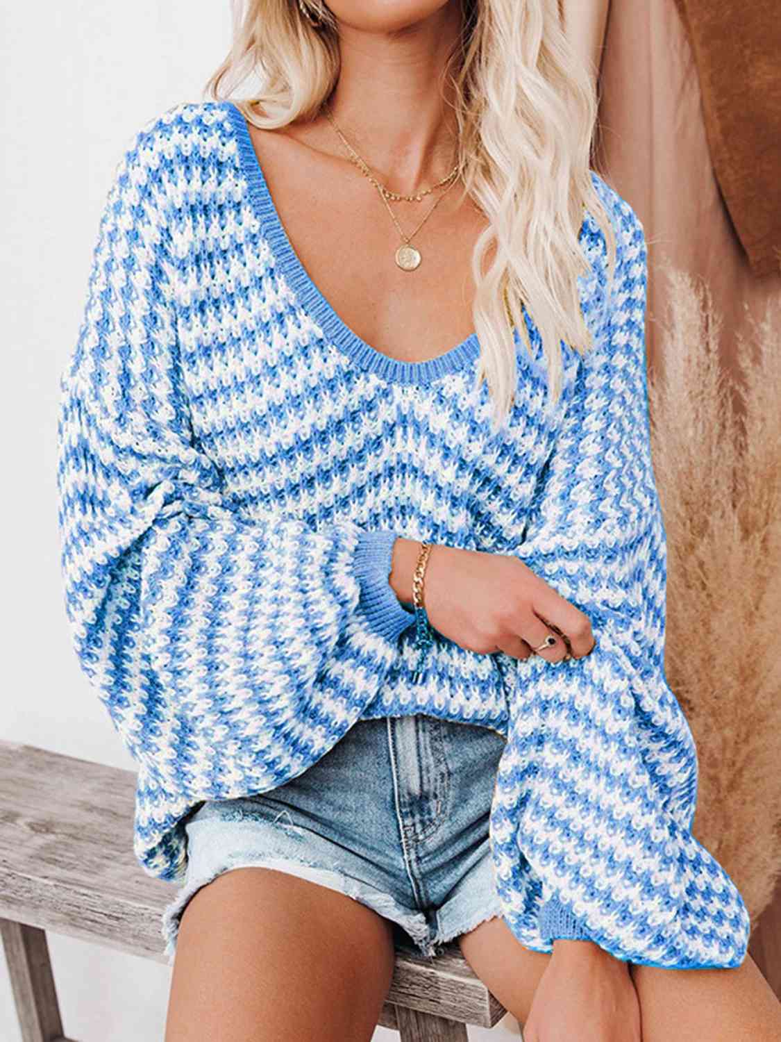 Striped Drop Shoulder V-Neck Sweater - Be Bliss Boutique