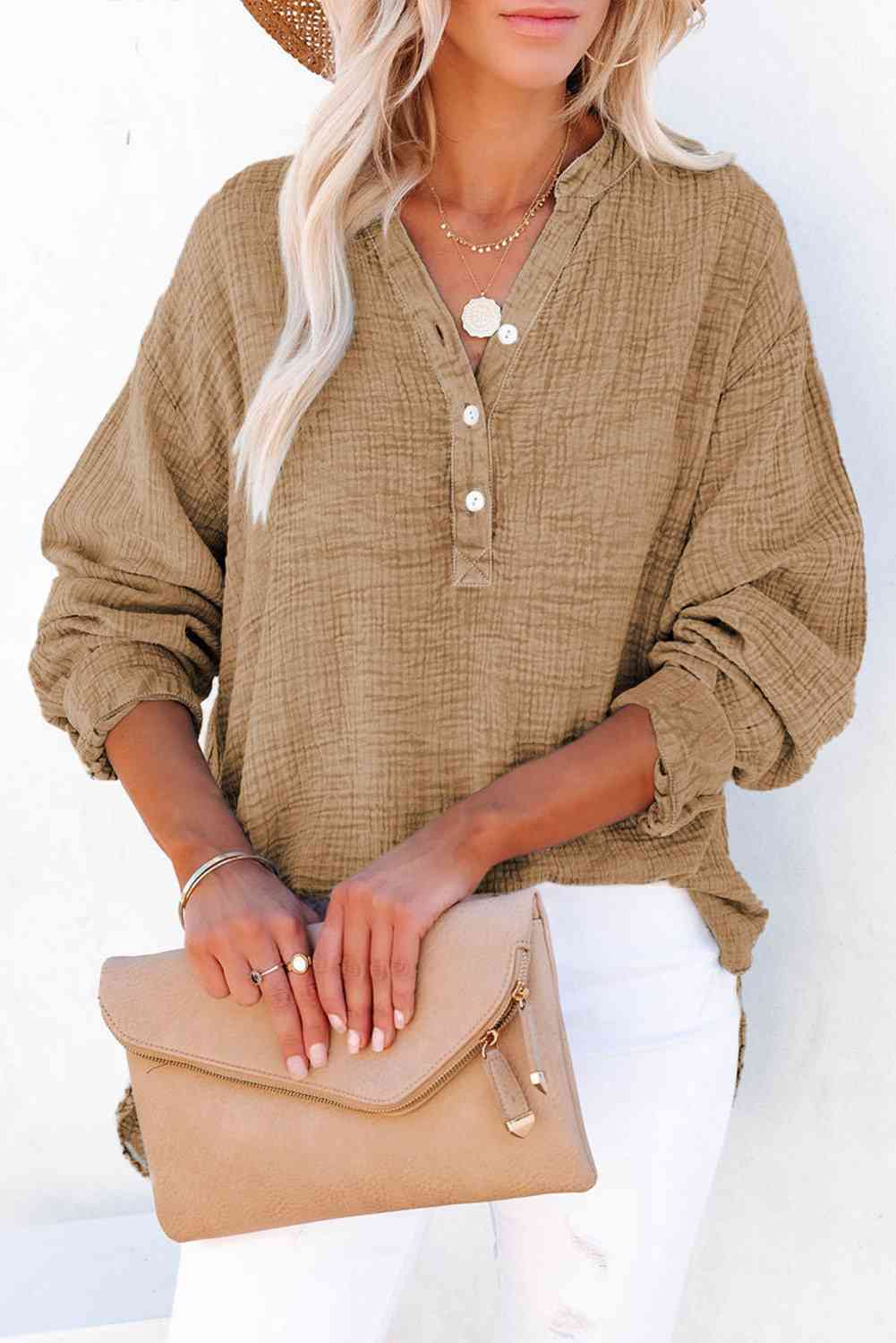 Women's Textured Cotton Buttoned Long Sleeve Blouse - Be Bliss Boutique