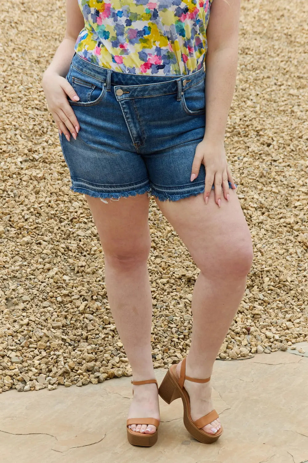 RISEN Maya Full Size Mid Rise Asymmetrical Shorts - Be Bliss Boutique
