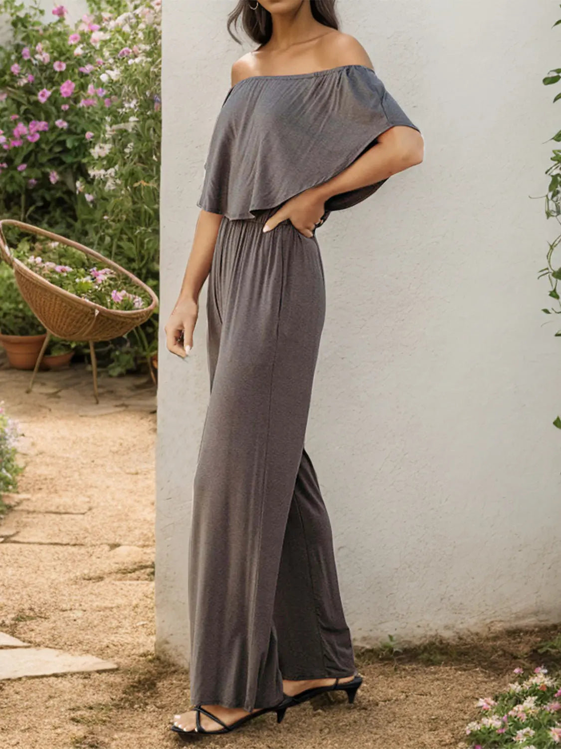 Off-Shoulder Wide Leg Jumpsuit - Be Bliss Boutique