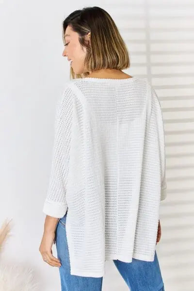 Zenana Full Size Waffle Knit V-Neck Long Sleeve Slit Top - Be Bliss Boutique