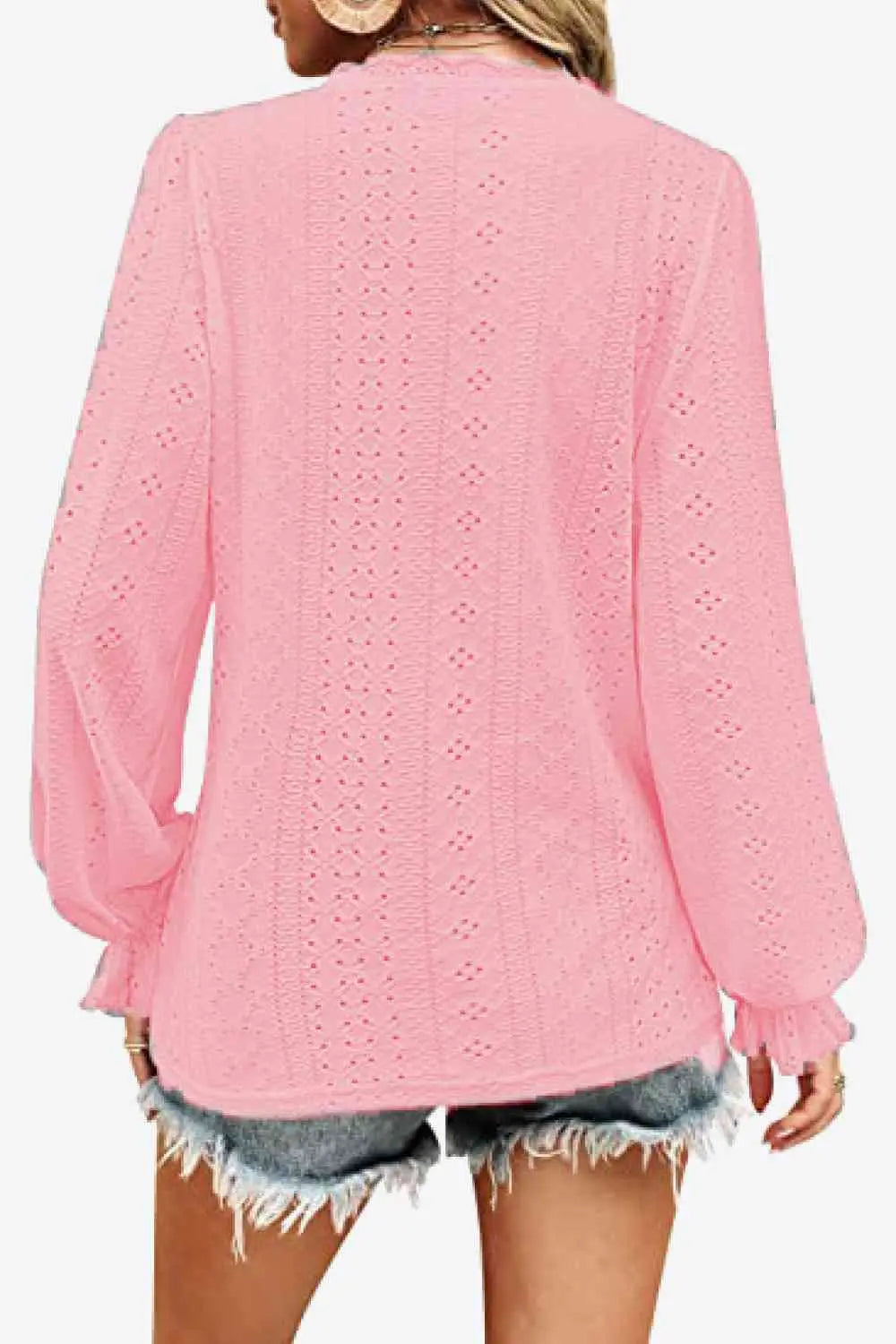 Eyelet V-Neck Flounce Sleeve Blouse - Be Bliss Boutique