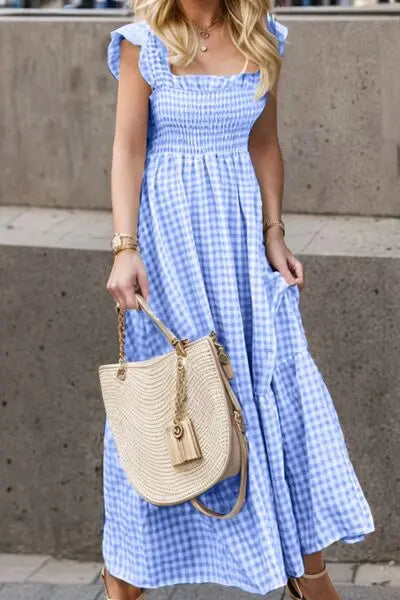 Full Size Smocked Ruffled Plaid Ruffle Hem Dress - Be Bliss Boutique