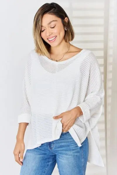 Zenana Full Size Waffle Knit V-Neck Long Sleeve Slit Top - Be Bliss Boutique