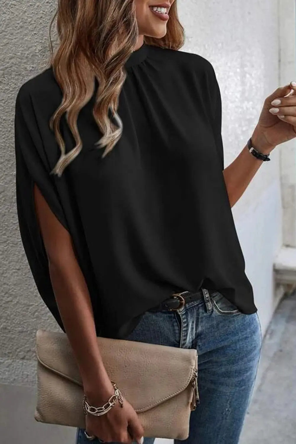 Tie Back Slit Half Sleeve Blouse - Be Bliss Boutique