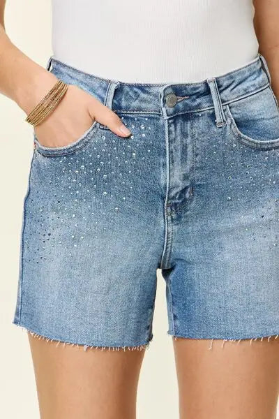 Judy Blue Full Size High Waist Rhinestone Decor Denim Shorts - Be Bliss Boutique