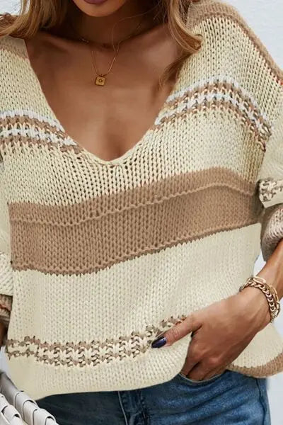 Color Block V-Neck Dropped Shoulder Sweater - Be Bliss Boutique