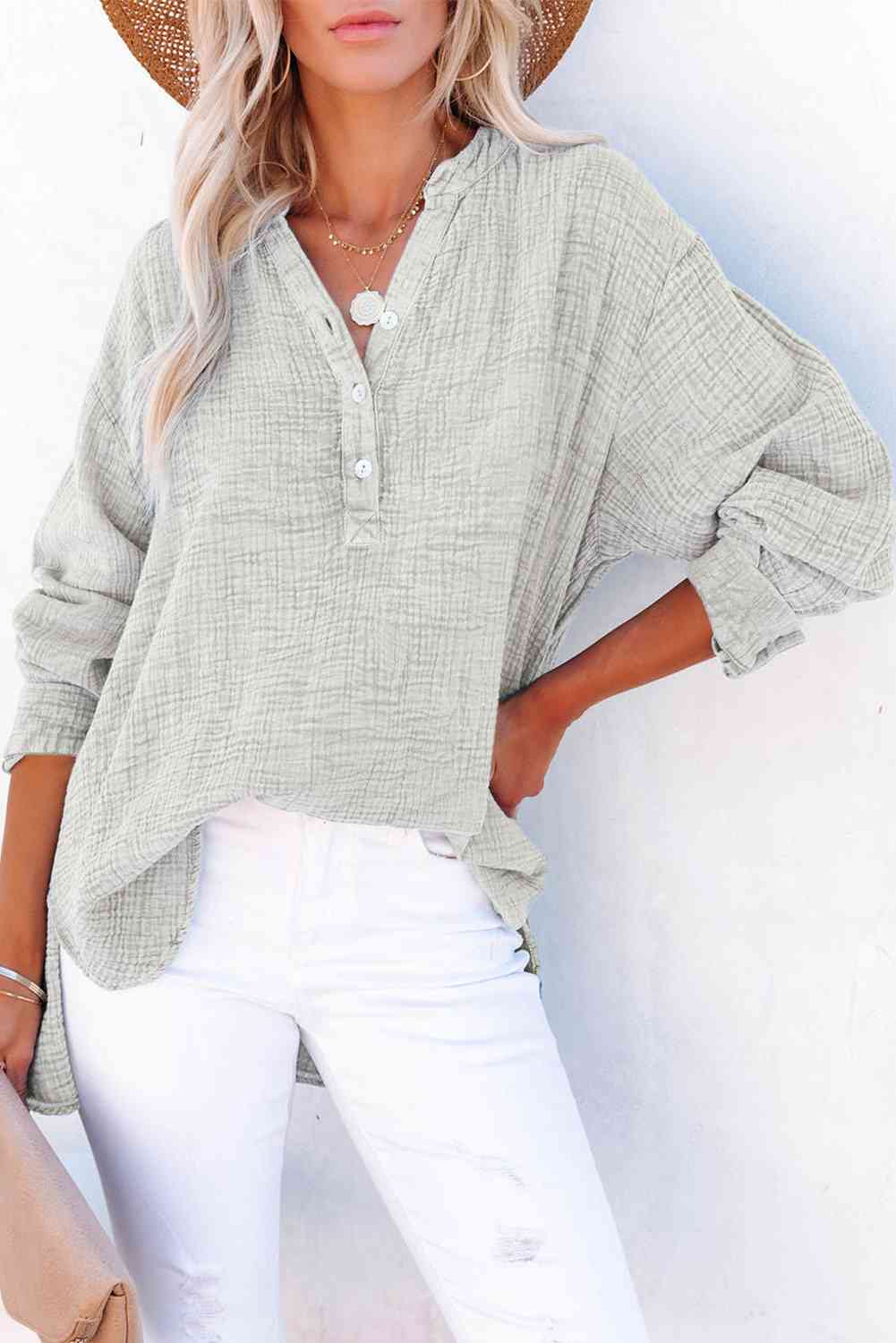 Women's Textured Cotton Buttoned Long Sleeve Blouse - Be Bliss Boutique