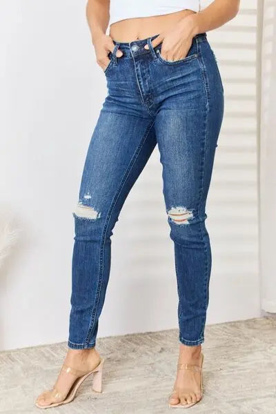 Judy Blue Full Size High Waist Distressed Slim Jeans - Be Bliss Boutique