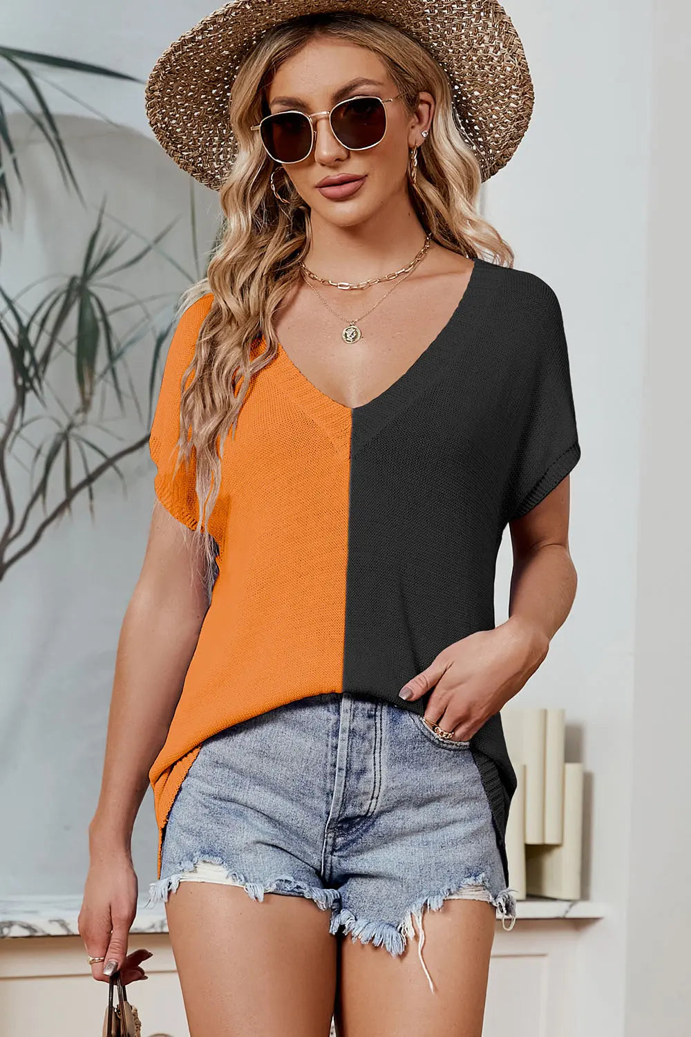 Color Block V-Neck Short Sleeve Knit Top - Be Bliss Boutique