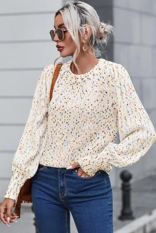 Heathered Round Neck Lantern Sleeve Sweater - Be Bliss Boutique