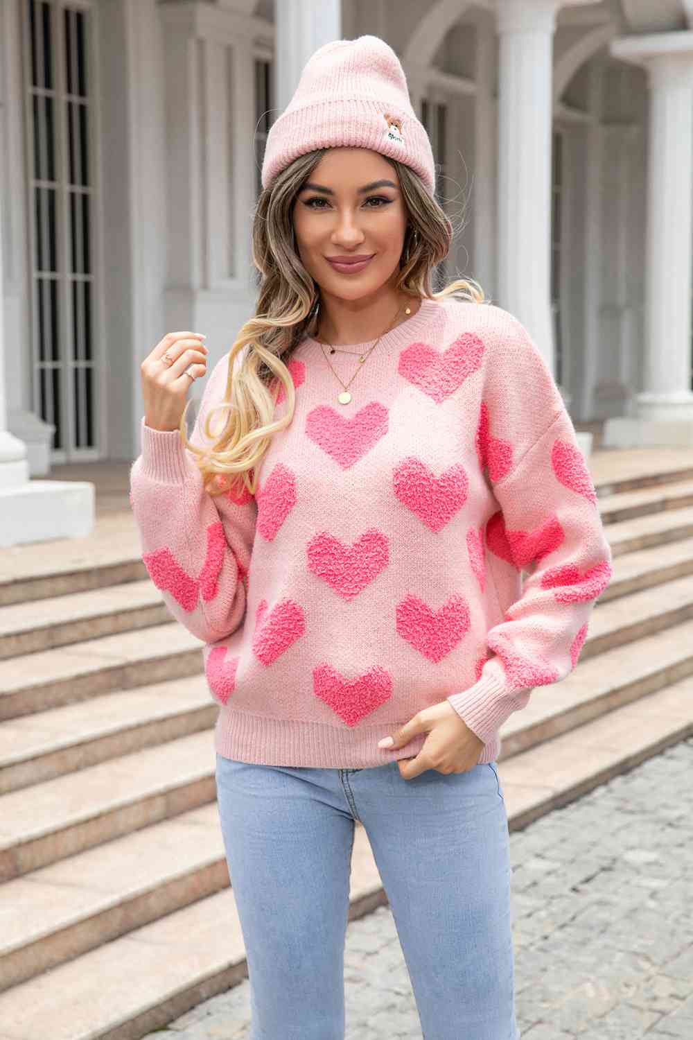 Round Neck Dropped Shoulder Sweater with Heart Pattern - Be Bliss Boutique