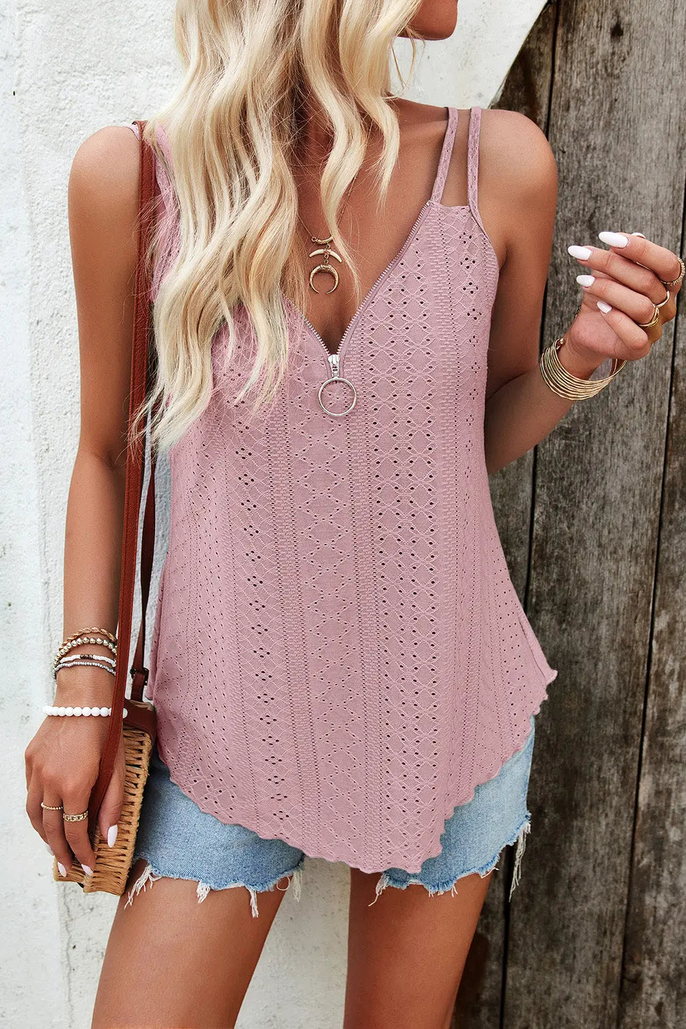 Eyelet V-Neck Double Strap Cami - Be Bliss Boutique