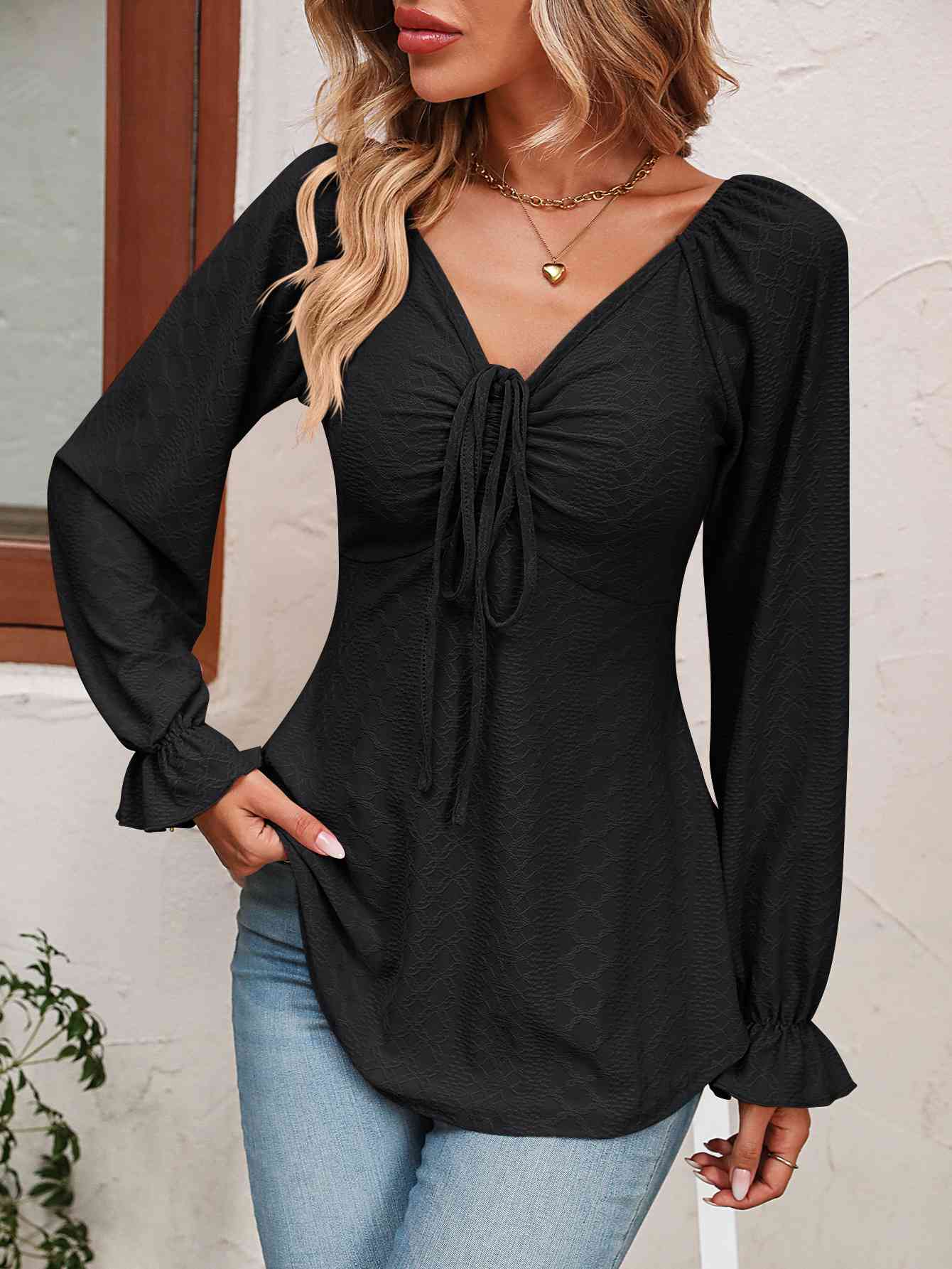 Tie Front V-Neck Puff Sleeve Blouse - Be Bliss Boutique