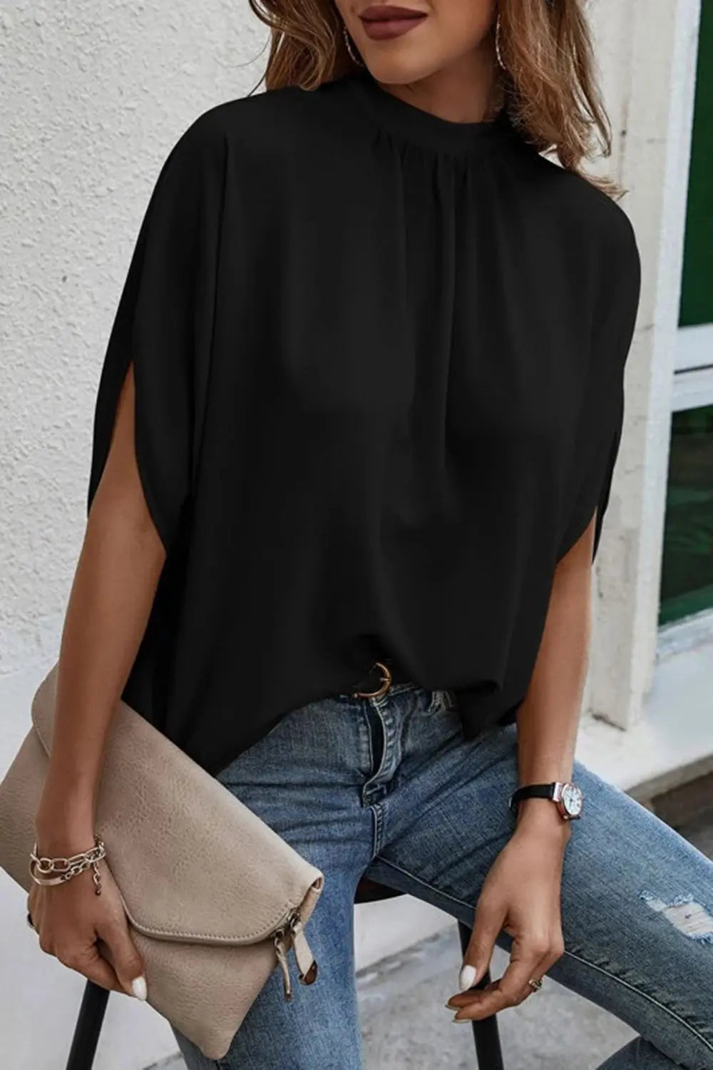 Tie Back Slit Half Sleeve Blouse - Be Bliss Boutique