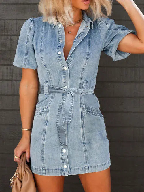Puff Sleeve Button Up Mini Denim Dress - Be Bliss Boutique