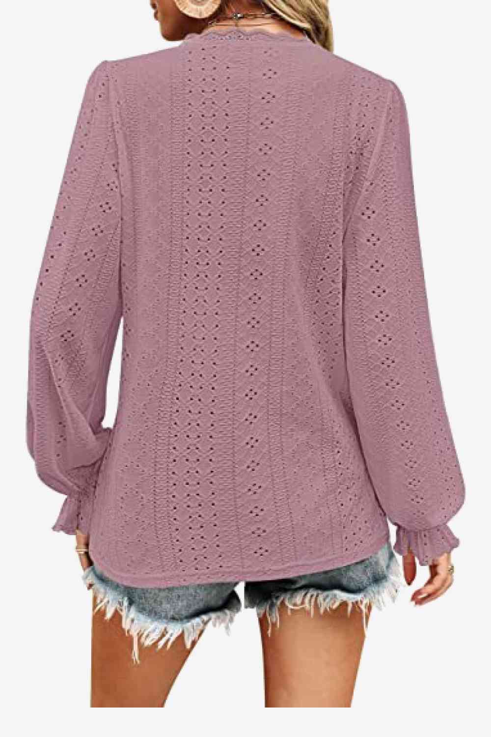 Eyelet V-Neck Flounce Sleeve Blouse - Be Bliss Boutique