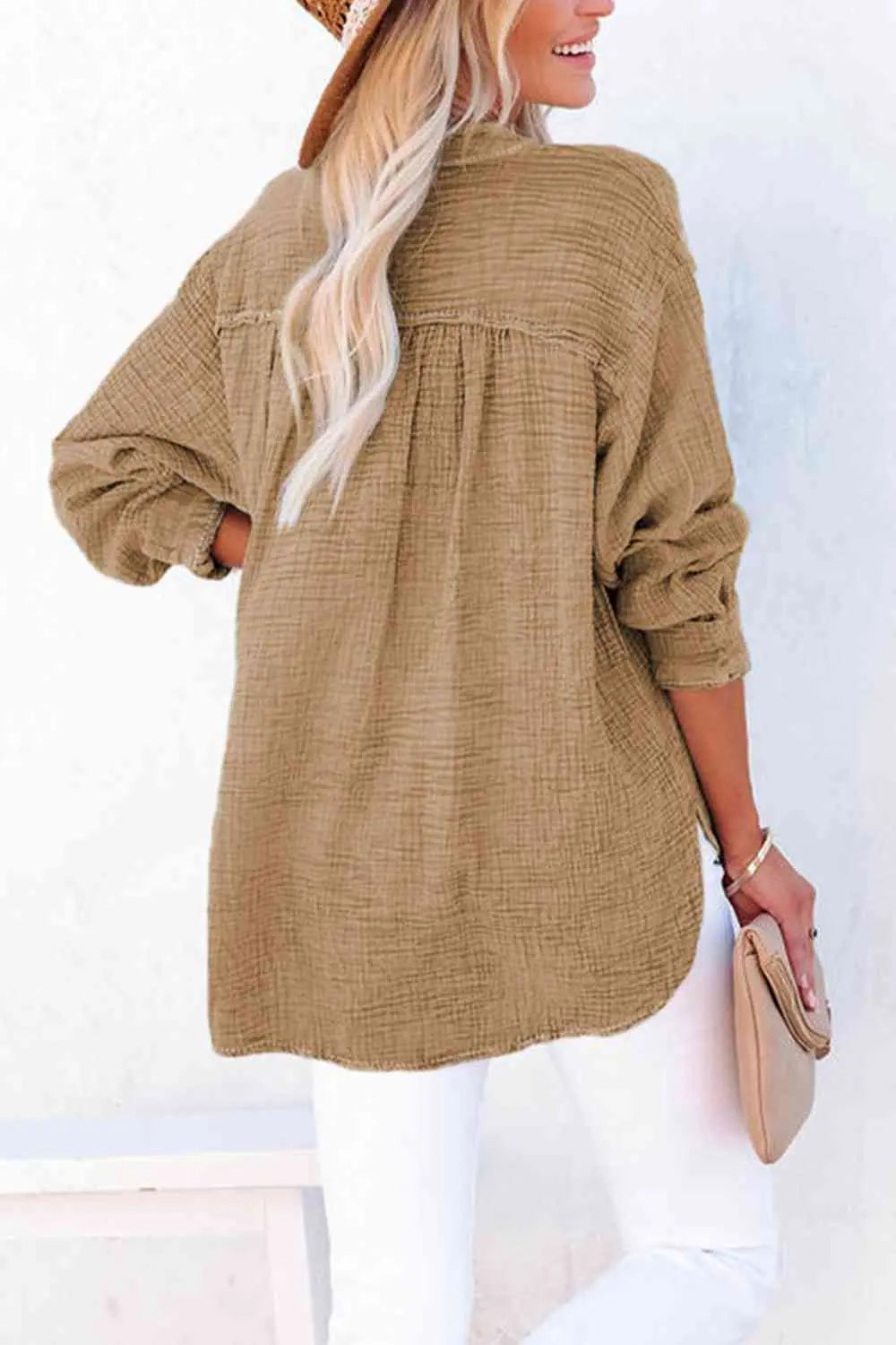 Women's Textured Cotton Buttoned Long Sleeve Blouse - Be Bliss Boutique