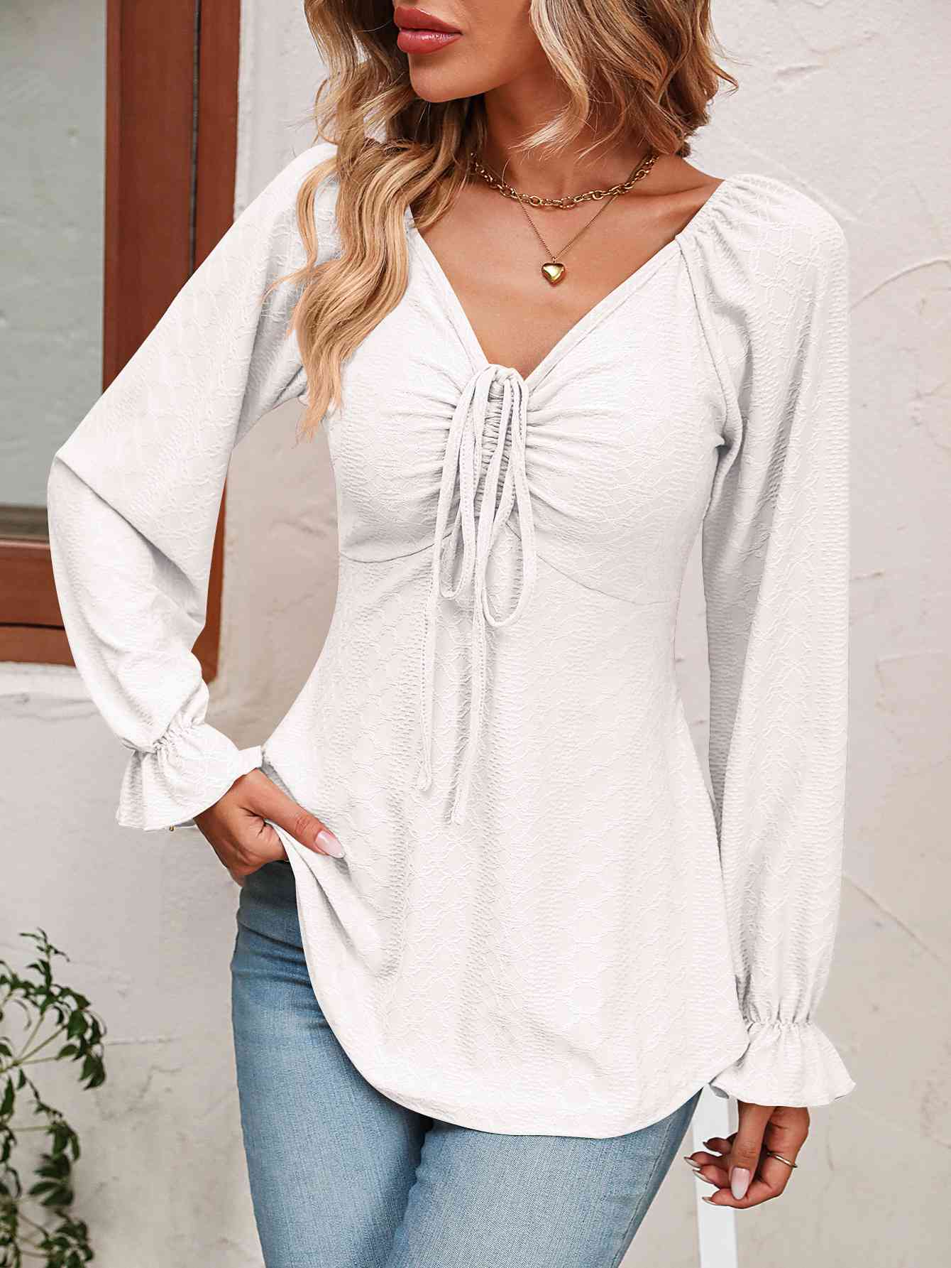 Tie Front V-Neck Puff Sleeve Blouse - Be Bliss Boutique