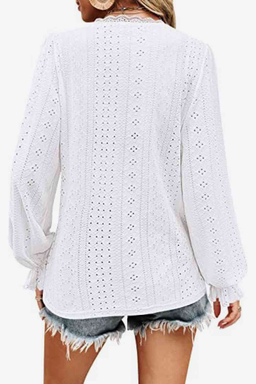 Eyelet V-Neck Flounce Sleeve Blouse - Be Bliss Boutique