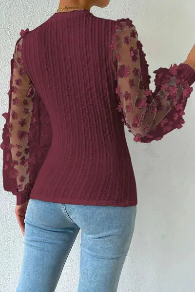 Double Take Textured Applique Long Sleeve Blouse - Be Bliss Boutique
