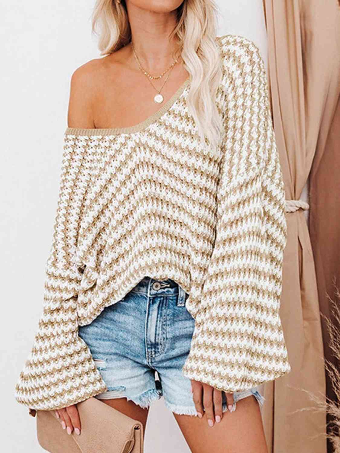 Striped Drop Shoulder V-Neck Sweater - Be Bliss Boutique