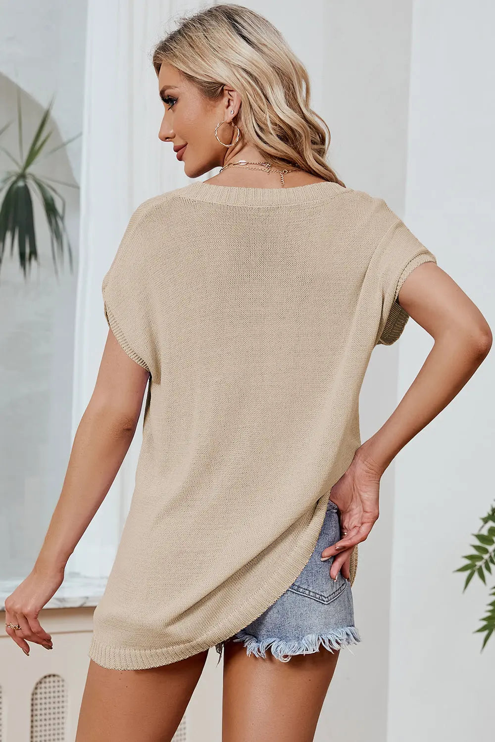 Color Block V-Neck Short Sleeve Knit Top - Be Bliss Boutique