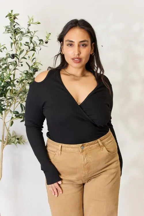 Culture Code Full Size Ribbed Surplice Cold Shoulder Top - Be Bliss Boutique