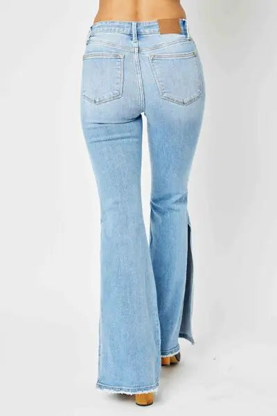 Full Size/Plus Size Mid Rise Raw Hem Slit Flare Judy Blue Jeans - Be Bliss Boutique