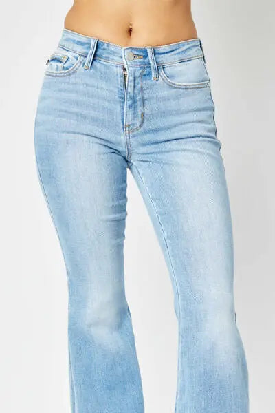 Full Size/Plus Size Mid Rise Raw Hem Slit Flare Judy Blue Jeans - Be Bliss Boutique