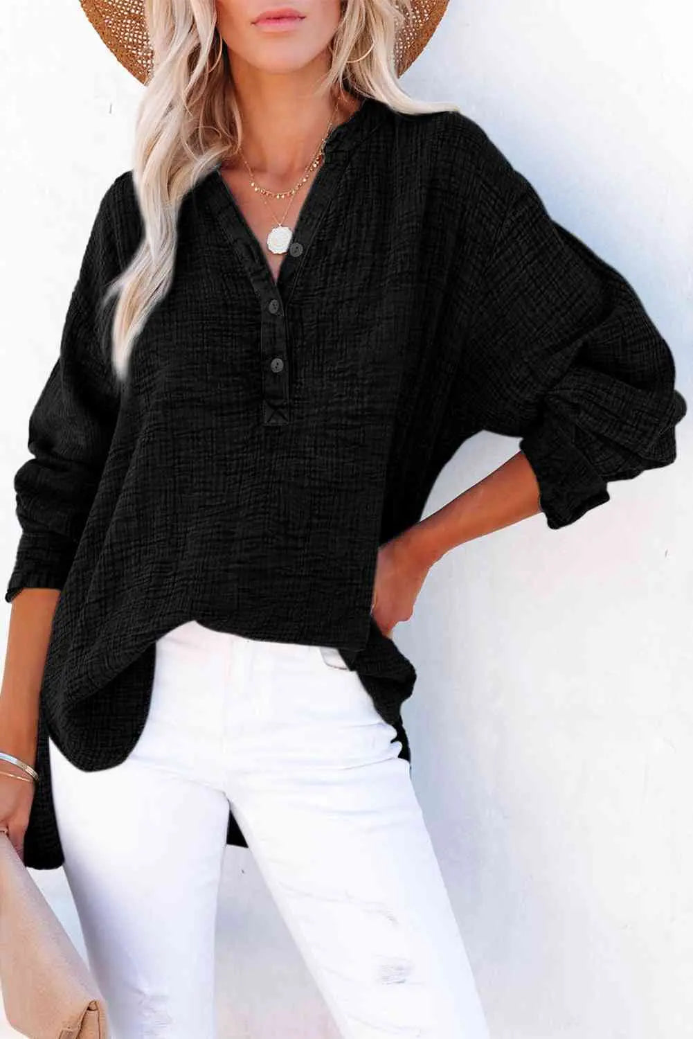 Women's Textured Cotton Buttoned Long Sleeve Blouse - Be Bliss Boutique