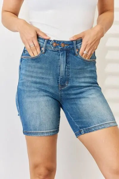 Judy Blue Full Size Tummy Control Double Button Bermuda Denim Shorts - Be Bliss Boutique