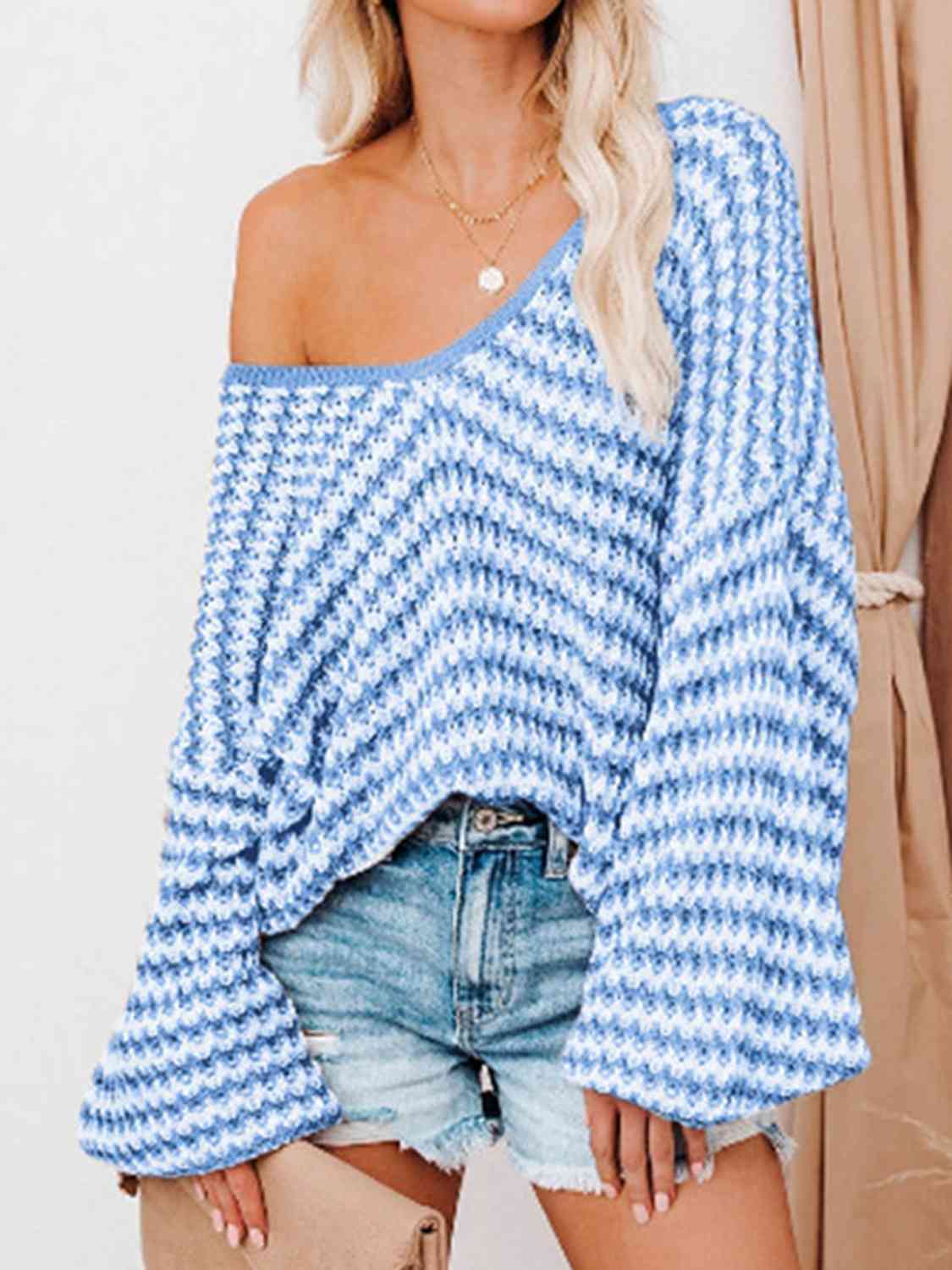 Striped Drop Shoulder V-Neck Sweater - Be Bliss Boutique