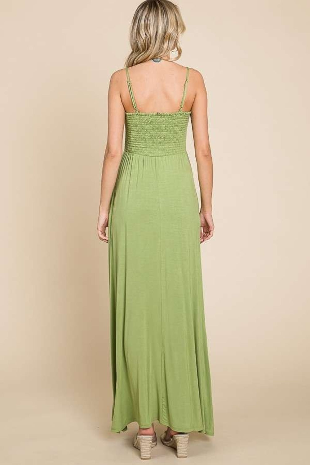 Culture Code Full Size Olive Smocked Cami Maxi Dress with Pockets