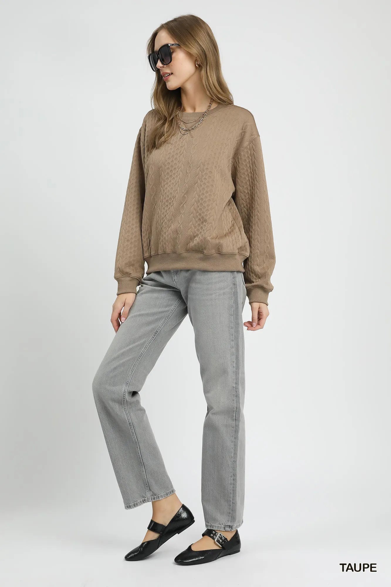 Umgee Cable Texture Pattern Sweatshirt with Ribbed Hem -  Be Bliss Boutique