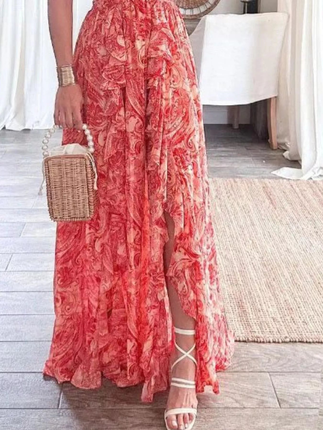 Full Size Ruffled Cutout V Neck Maxi Dress - Be Bliss Boutique
