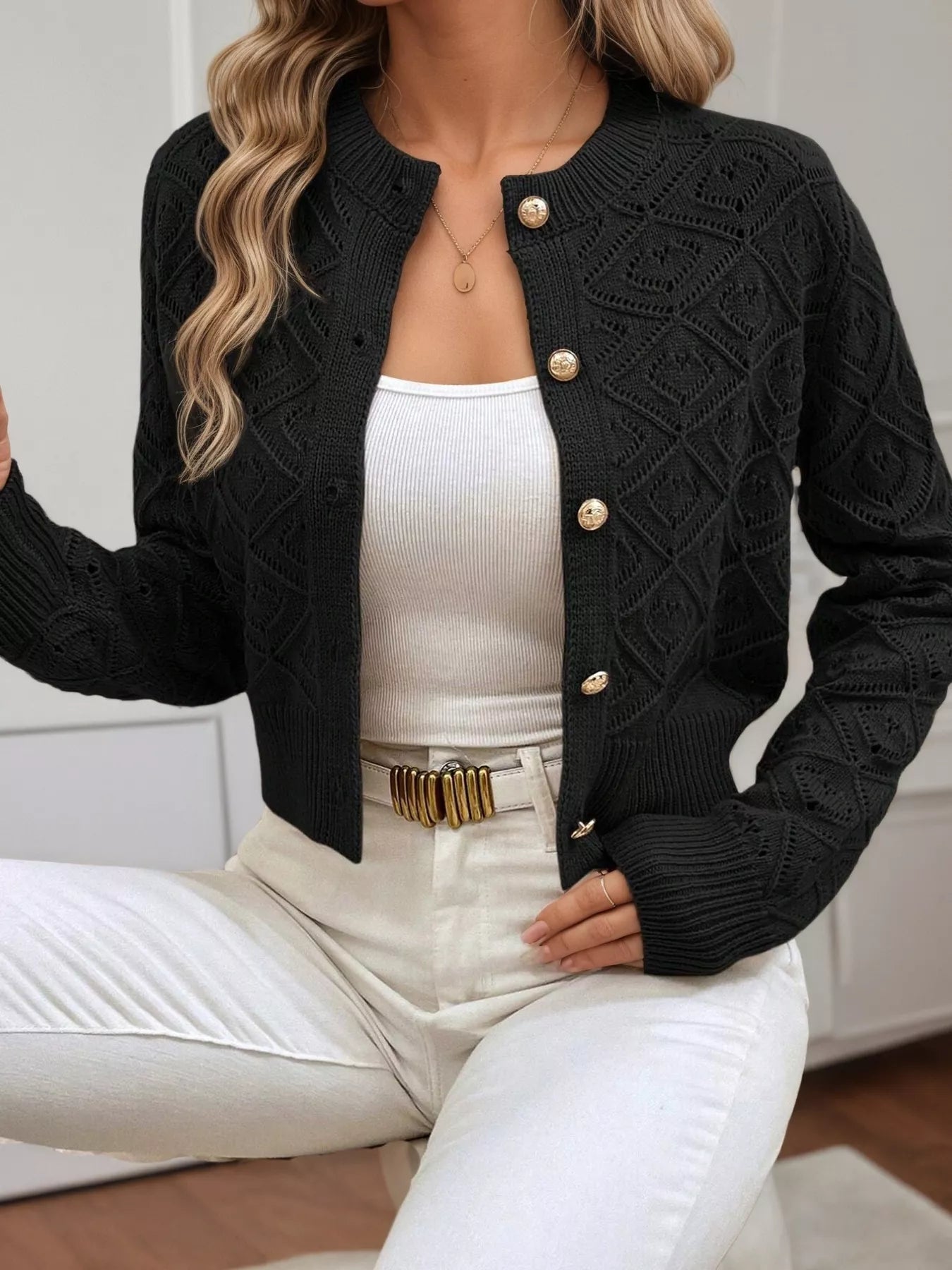 Openwork Button Up Long Sleeve Cardigan -  Be Bliss Boutique