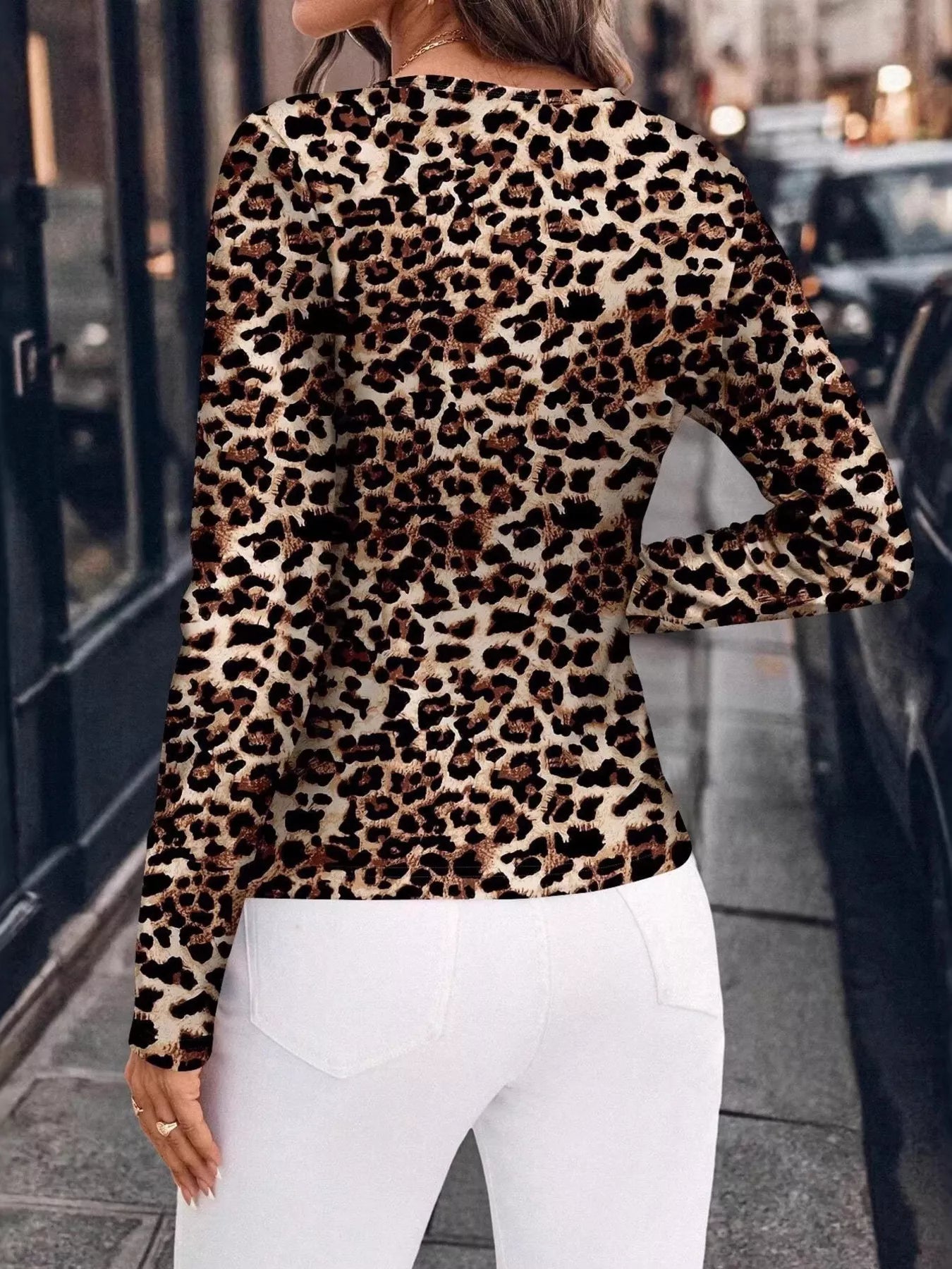 Leopard Print Long Sleeve Fitted Blouse - Be Bliss Boutique
