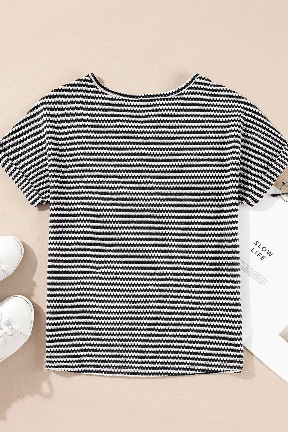 Stripe Textured Knit Notched Neck Cuffed Short Sleeve Shirt - Be Bliss Boutique